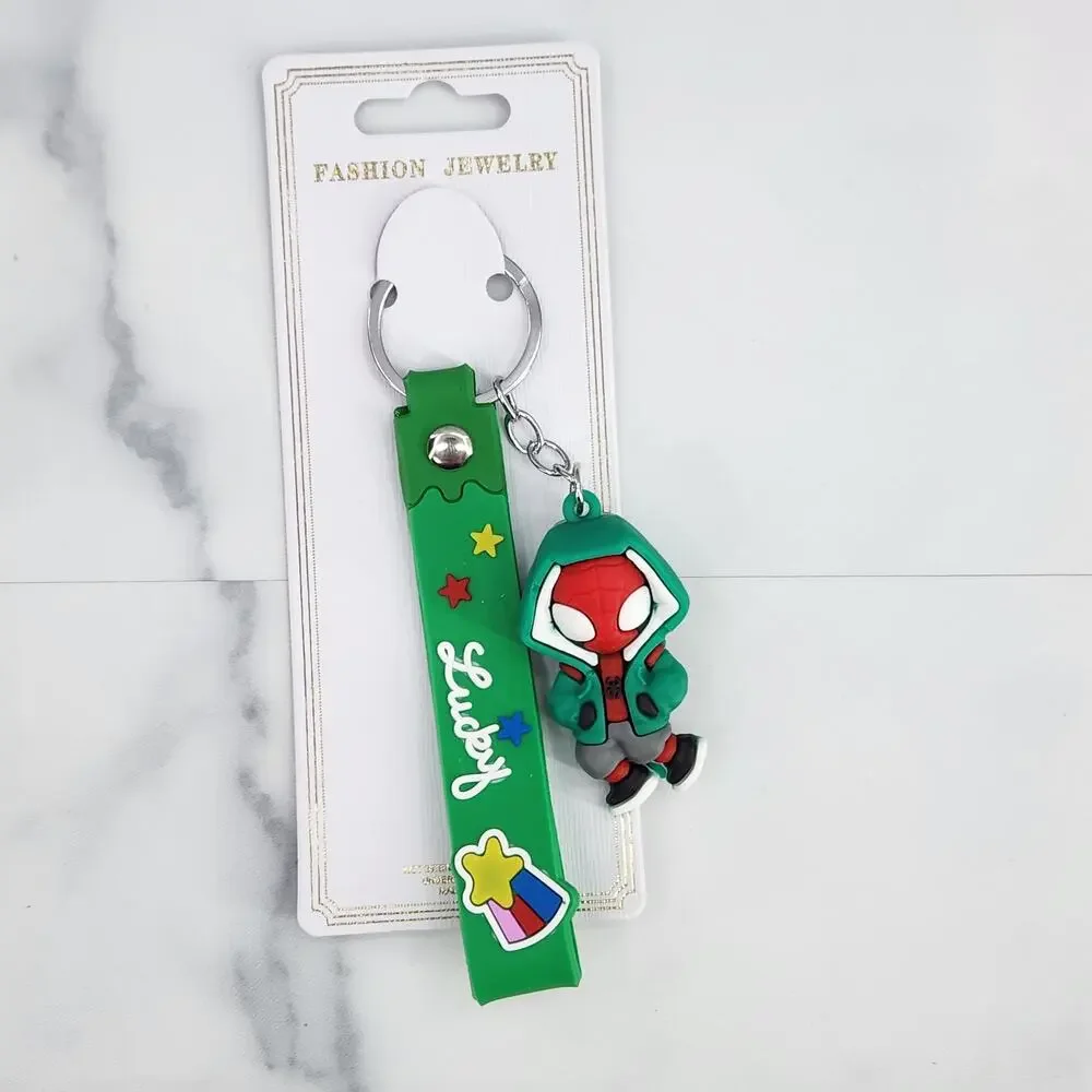 NEW Marvel Spider-Man Keychain PVC Figure Strap Key Ring Bag Charm Green Hoodie